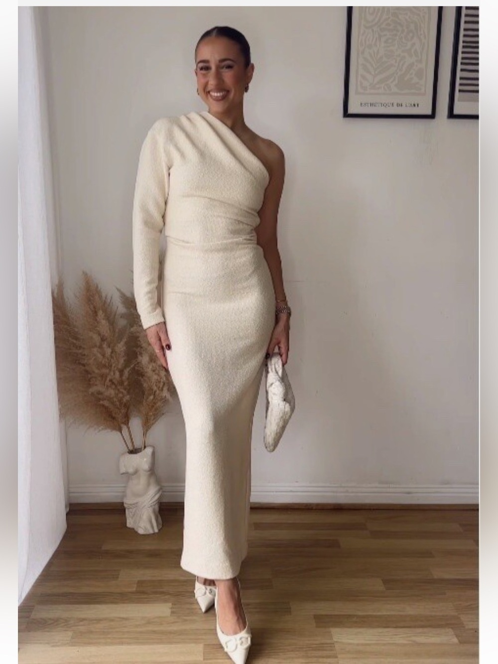 Zara Cream Asymmetric One-Shoulder Midi Dress